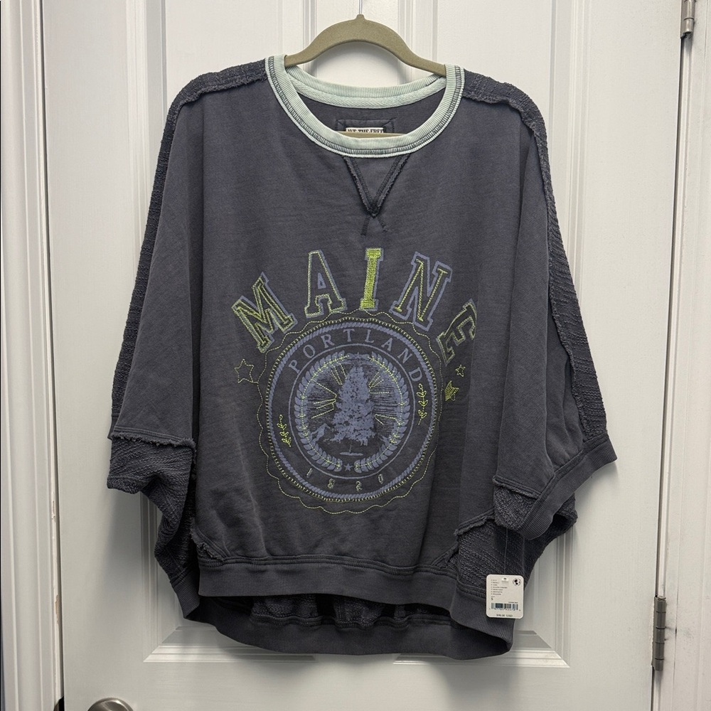 Free People Charcoal Gray Oversized Maine Graphic Sweatshirt with Mint Trim